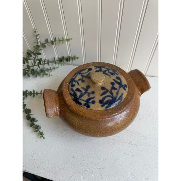 Salt Glazed Stoneware Covered Dish | Rustic Handmade Pottery Blue Floral Design - Picture 8 of 9